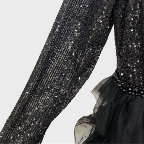 Mac Duggal Black Sequin Tiered Long Sleeve Midi Dress NWT Size 12 - Picture 6 of 10